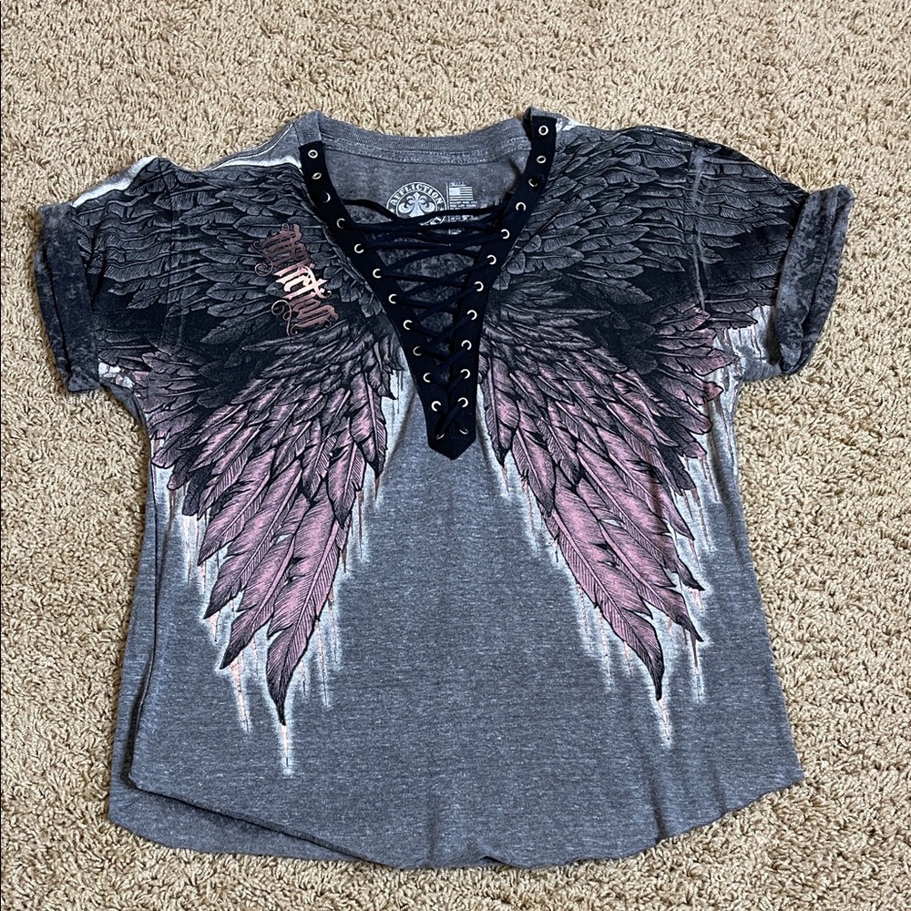 Affliction Gray and Pink Winged Short Sleeve Tee